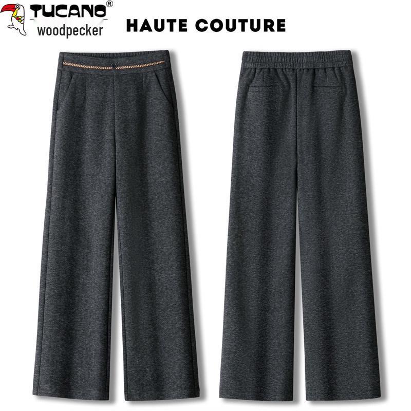 Woodpecker Women's High-End Woolen Wide-Leg Pants - Autumn/Winter Collection, High-Waist, Soft Straight-Leg, Casual Long Pants
