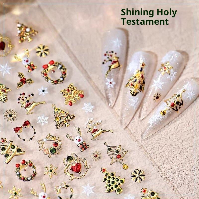 Roztomilý Vánoční Styl Barevná Světla Puntíkovaný Vánoční Stromeček Nálepky na Nehty Mašle Vánoční Tisk Reliéfní Nálepky Dekorace Nehtů
