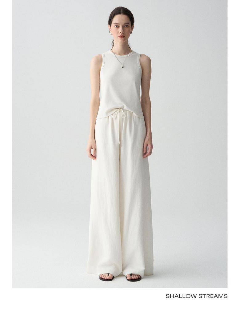 Sea of Dimples High-Waisted Linen Trousers: Breathable White Wide-Leg, Floor-Length, Early Autumn Casual Pants.