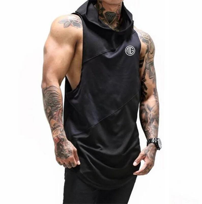 Muscleguys Running Vests with Hooded Mens Cotton Patchwork Mesh Gym Clothing Fitness Tank Tops Bodybuilding Stringer Workout Singlet
