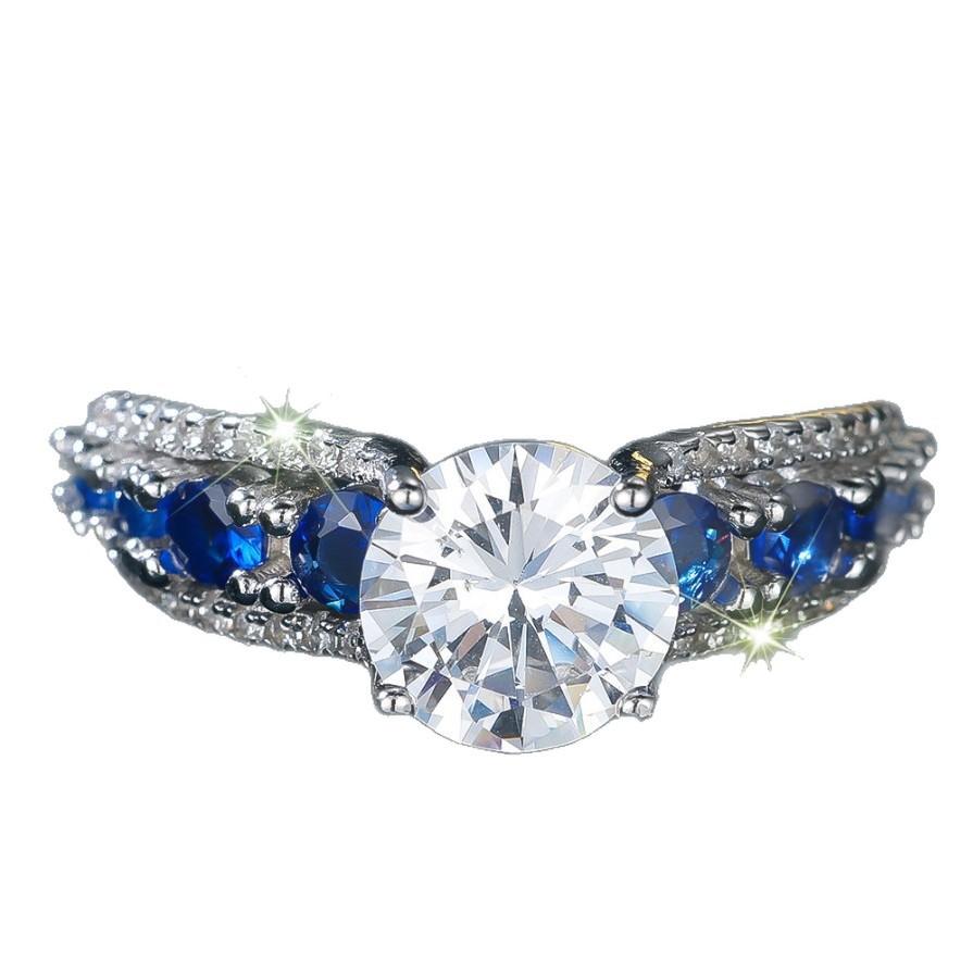 Silver Set Blue Zircon Sterling Silver Ring with Main Diamond Sparkle Design Vintage Court Dating Party Jewelry