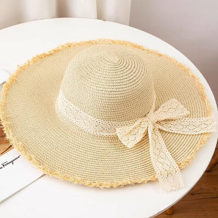 Lace Bow Straw Hat Women's Summer French Large Brim Sunscreen Hat Seaside Beach Vacation Sun Hat
