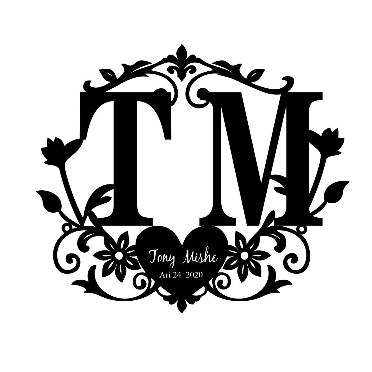 Metal Heart Wall Art Custom Name Initials Sign   Wedding Gift Anniversary Decor for Couple чёрный