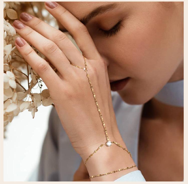 Bracciale Anello a Catena a Mano in Acciaio Inossidabile per Donna, Braccialetti Dita a Doppio Strato Placcati Oro Regolabili, Gioielli per Feste Estive