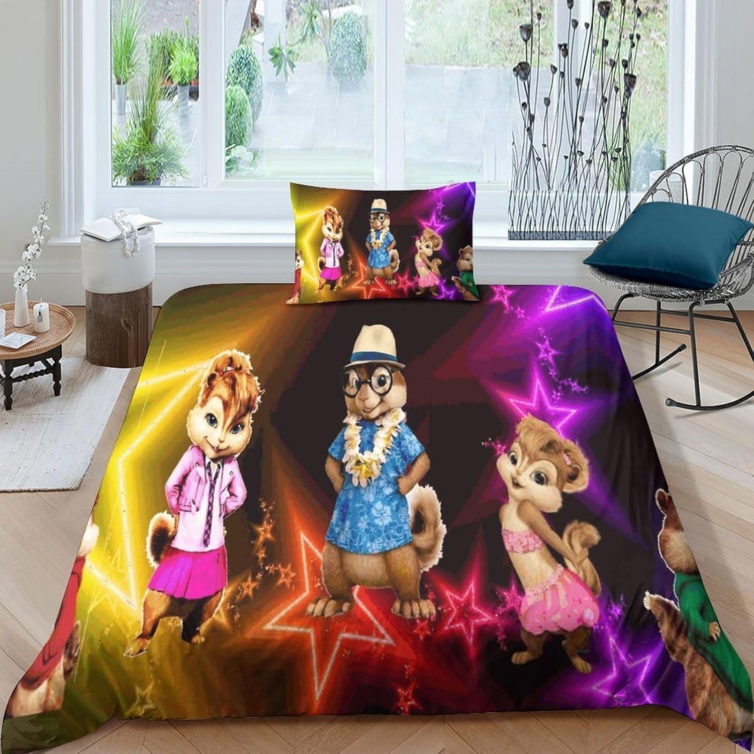 Grosstor Unisex Infant Exquisite 3D Cartoon Alvin The Chipmunks Printing Bedding Set Duvet Cover Comforter Bed Youth Kids Girls Boys Gift 210Cm
