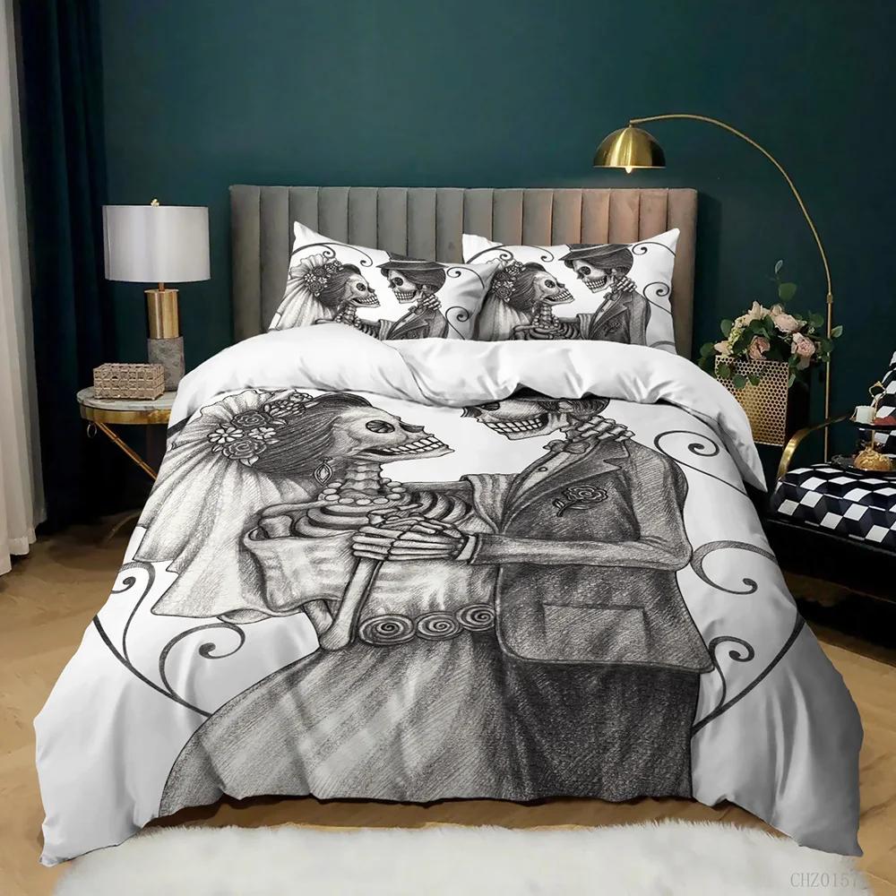 Skull Duvet Cover Set Rose Twin Skeleton Kiss Comforter Cover Teens Gothic Skeleton Double Queen King Size Polyester Qulit Cover