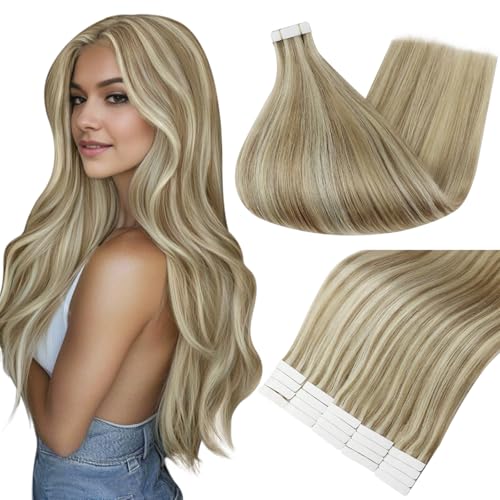 Extensiones de Cabello Cinta Doble Cara Invisible Cabello Chino Remy Rubio Dorado/Miel Liso Suave Sedoso
