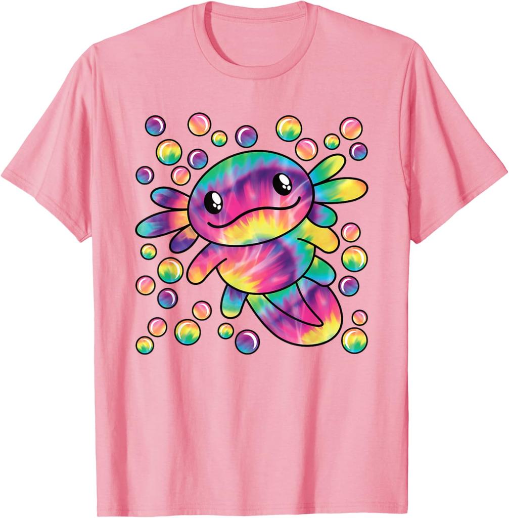 Tie Dye Axolotl Kawaii Salamander Graphic Tee Breathable Short Sleeve T-Shirt Casual for Women Men