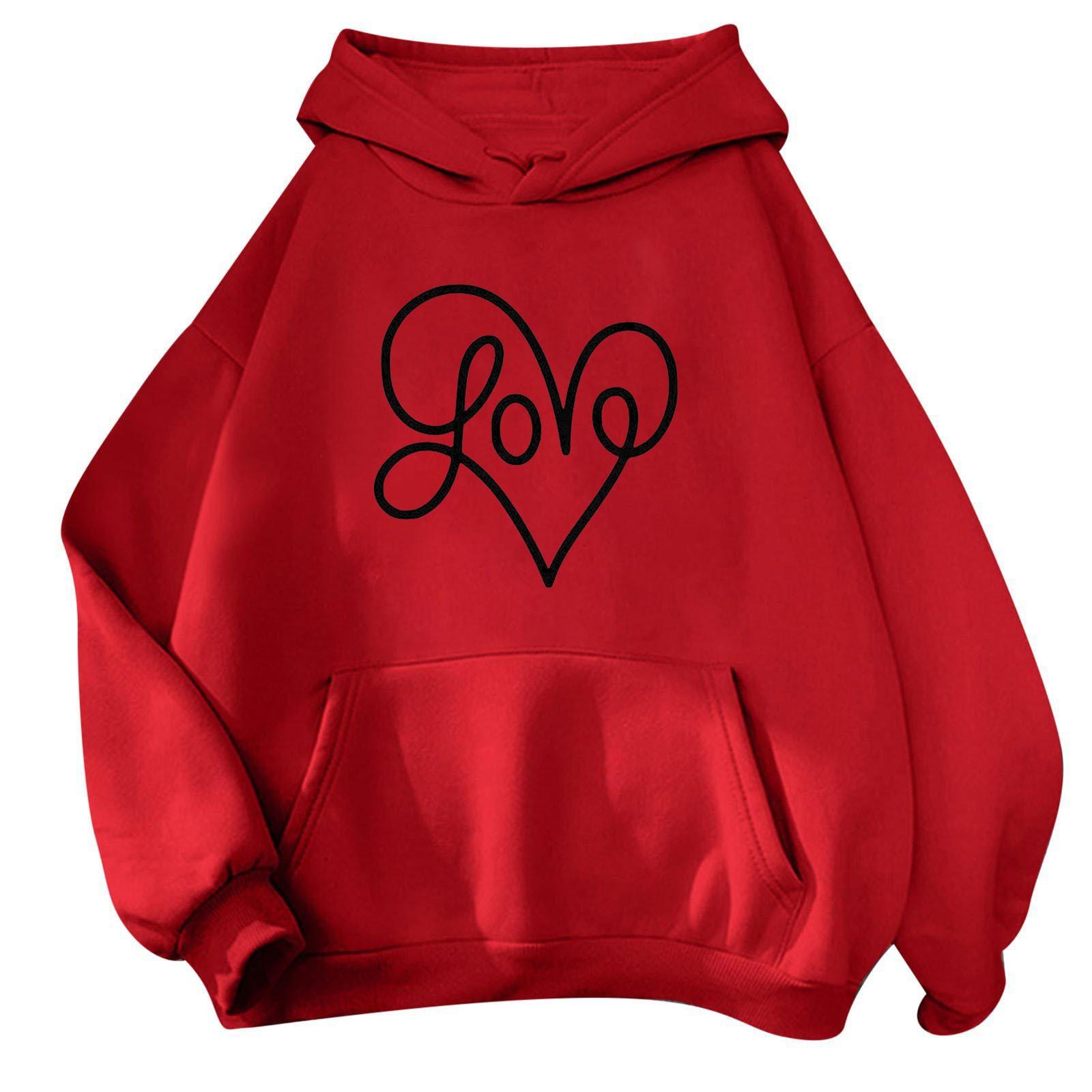 Casual Loose Fit Pullover Hoodie with Heart Letter Print Kangaroo Pocket Long Sleeve Soft Material Unisex Sweatshirt XXXL красный