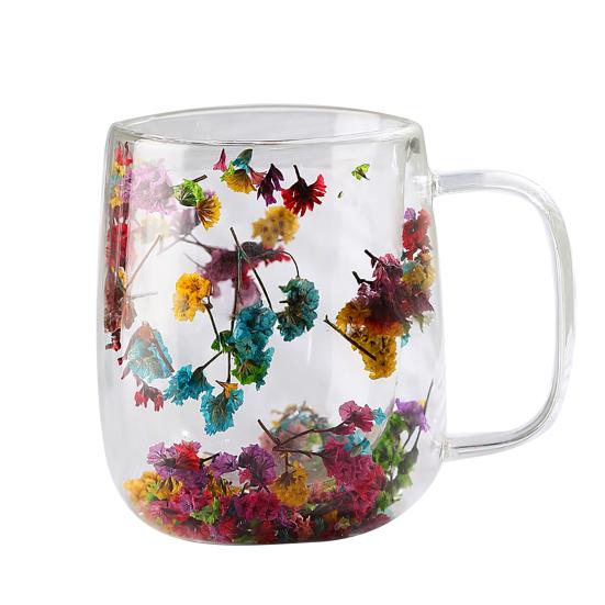 Double-Wall Dried Flower Glass Mug with Handle 350ml Borosilicate Glass Coffee Cup for Hot Cold Drinks Heat-Resistant Clear Unique Gift for