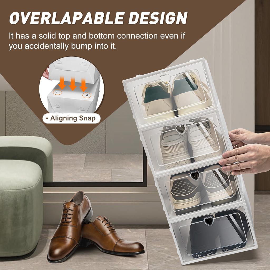 20 PcsTransparent Stackable Shoe Boxes- Plastic Organizer Storage Bins with Lids for Closet, Under Bed