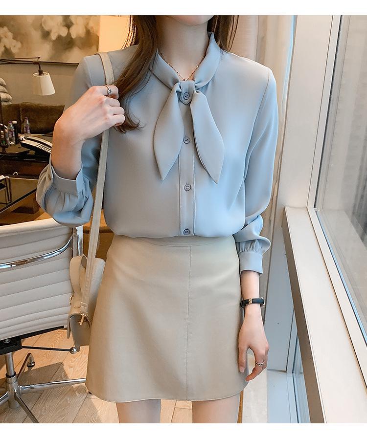 Cămașă de șifon de damă de primăvară/toamnă 2023 cu fundă cu urechi de iepure - Top albastru cu mâneci lungi