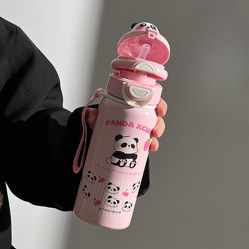 Neuer Thermosbecher mit hohem Erscheinungsbild und doppelter Getränkestärke, Cartoon-Edelstahlbecher, tragbarer Wasserbecher mit Strohhalm für den Außenbereich für Männer und Frauen