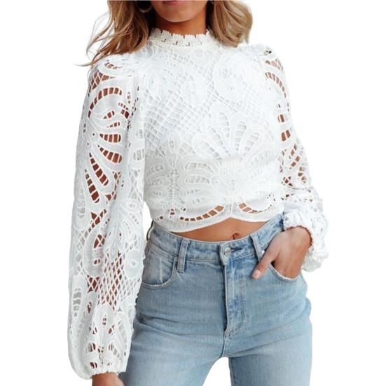 Lantern Long Sleeve High Collar Back Zipper Women Blouse Elegant Women