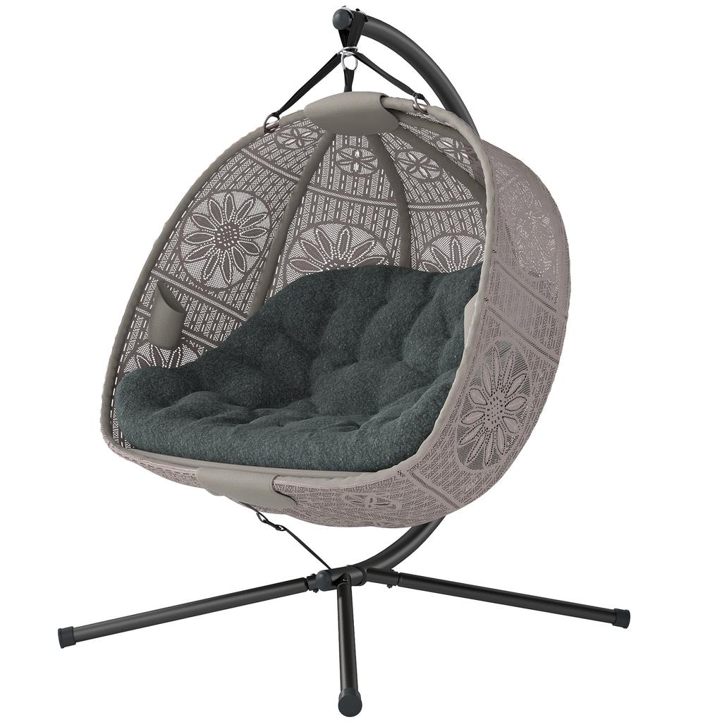 Hanging Chair with Stand, Egg-Shaped Hanging Swing with Removable Washable Cushion, Hammock for 2 People, Swing Chair Indoor Outdoor, Sand+Black