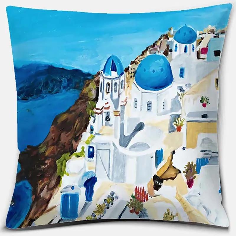 45x45cm Nordic Blue and White Castle Scenery Pillowcase Comfortable Sofa Seat Cushion Cover Hotel Home Decor Embrace Pillowcase