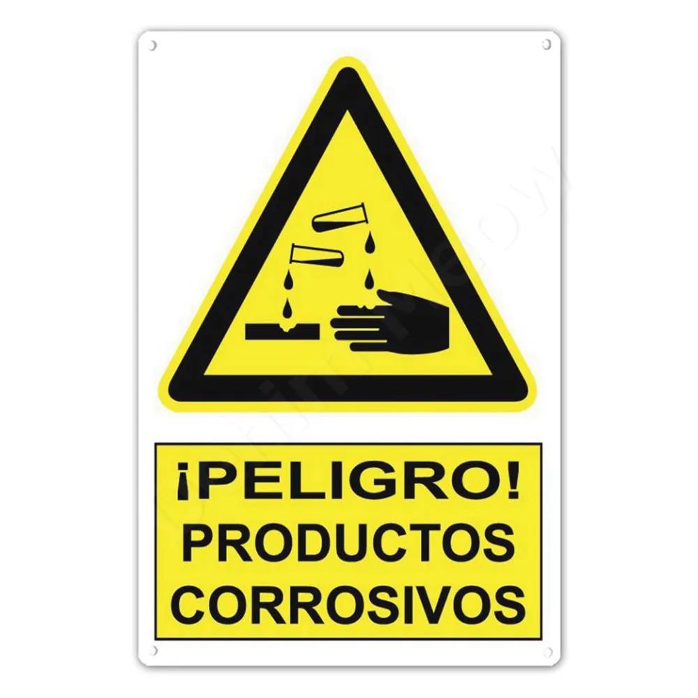 Spanish Warning Sign, Danger Metal Sign for Street, Yard, Bar, Workshop Decor, Yellow Waterproof Caution Signs, Outdoor Indoor