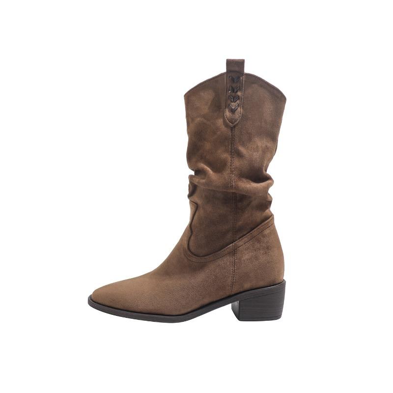 Leopard print hairy medium tube women's boots autumn and winter short boots thin heel trouser tube boots pointed high heel boots
