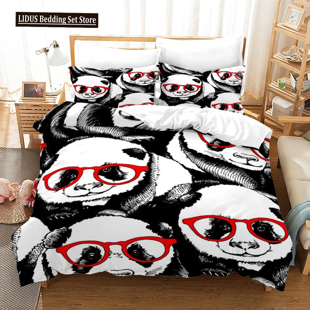 3D Panda Duvet Cover Set King Size Cute Panda Bamboo Bedding Set Black White Bear Polyester Quilt Cover For Boy Kid For Bedroom