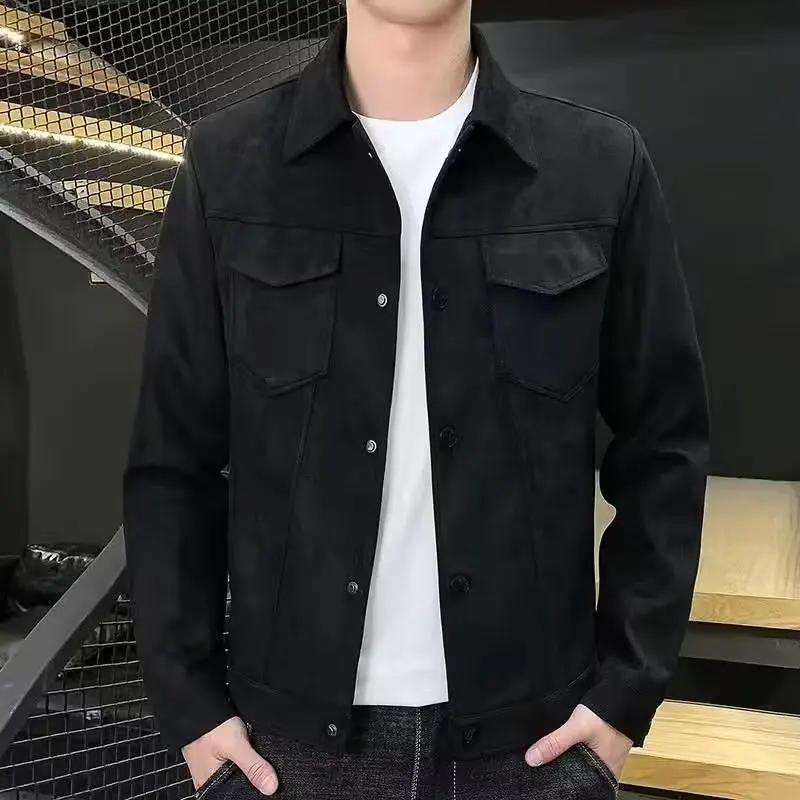 New Trendy Men's Jacket For Spring/autumn Solid Color Top Casual Stylish Lapel Jacket Deer Skin Fleece