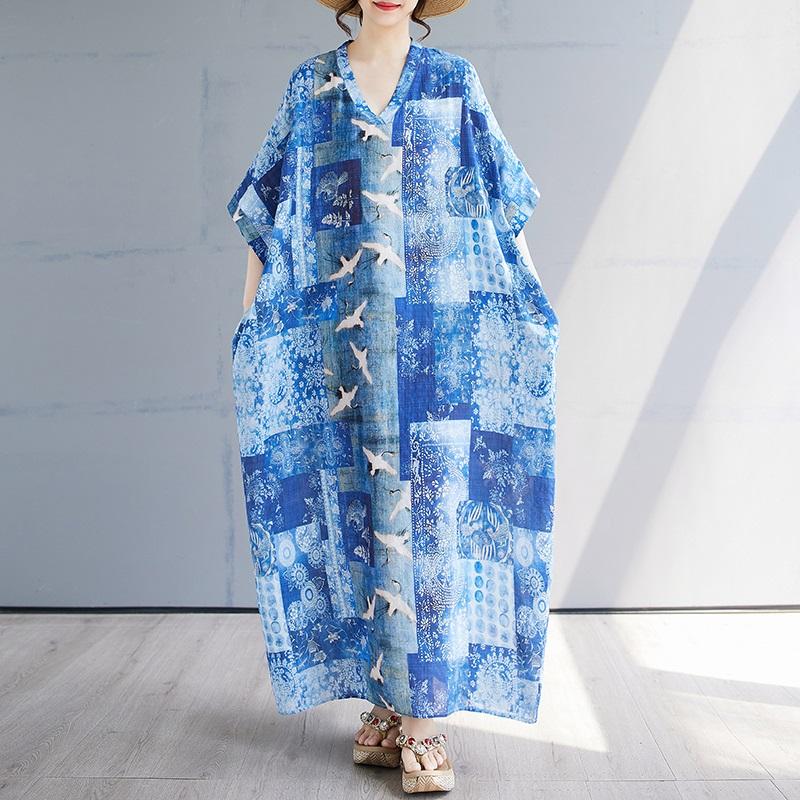 Short Sleeve Plus Size Cotton Vintage Floral New In Dresses for Women Casual Loose Maxi Long Summer Dress