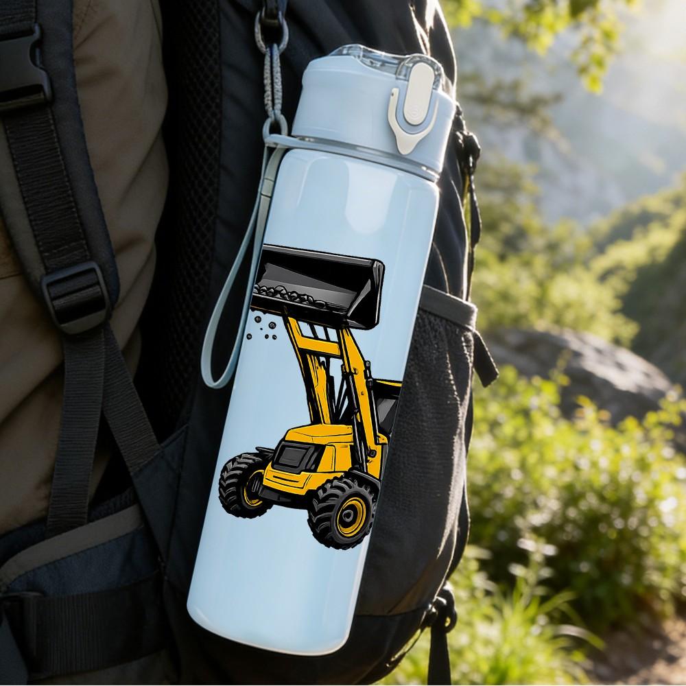 1PC Yellow Excavator Machine Pattern 750ml Color Plastic Sports Water Bottle Leakproof Flip Straw Lid Suitable for Sports Office Home Use