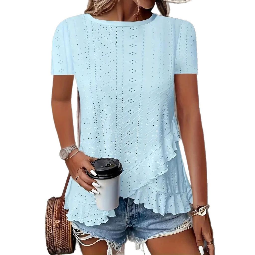 1116 European and American summer new women's fashion large size fashion asymmetrical ruffle hem short sleeves