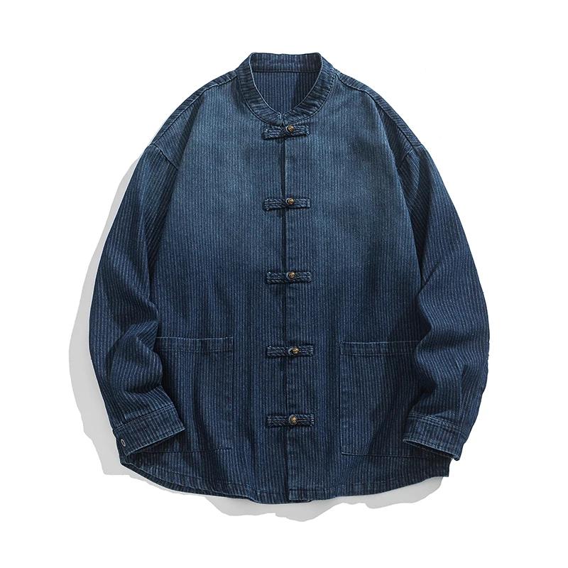 Autumn Men Chinese Style Tang Suit Shirt Washed Denim Top Traditional Kung Fu Tai Chi Denim Jacket Men Casual Cotton Coat Jacket