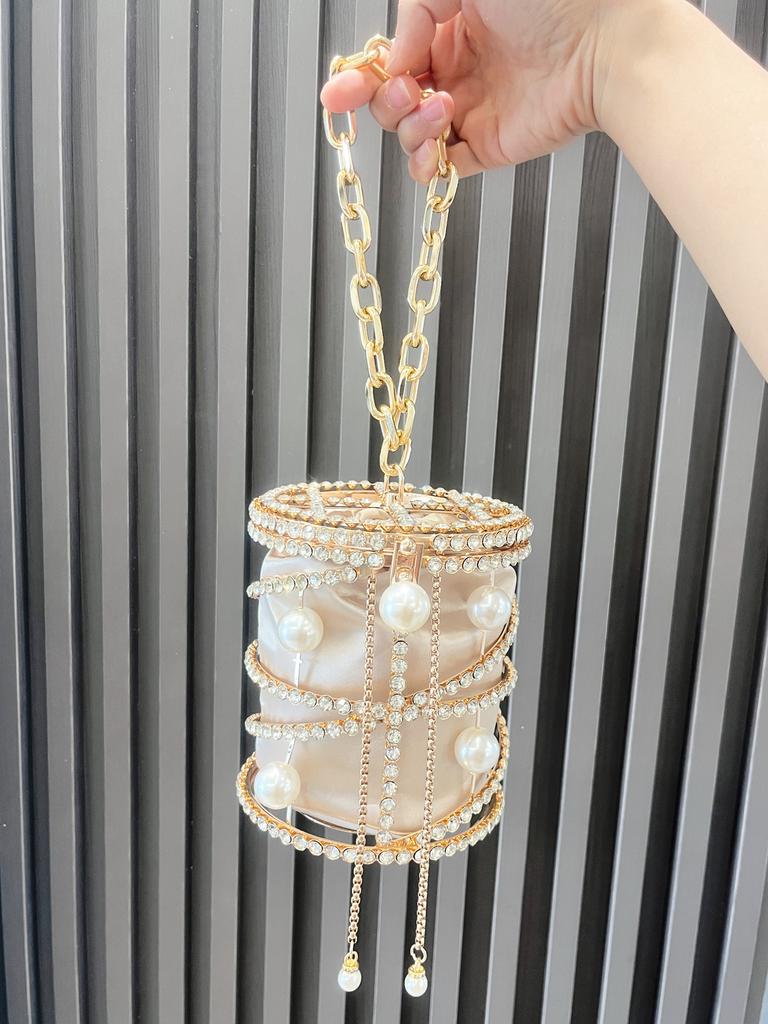 Luxury Design Banquet Bag Women Pearl Rhinestone Shiny Chain Cylindrical Shape Handbag Ladies Fashion Elegant Metal Bucket Bags