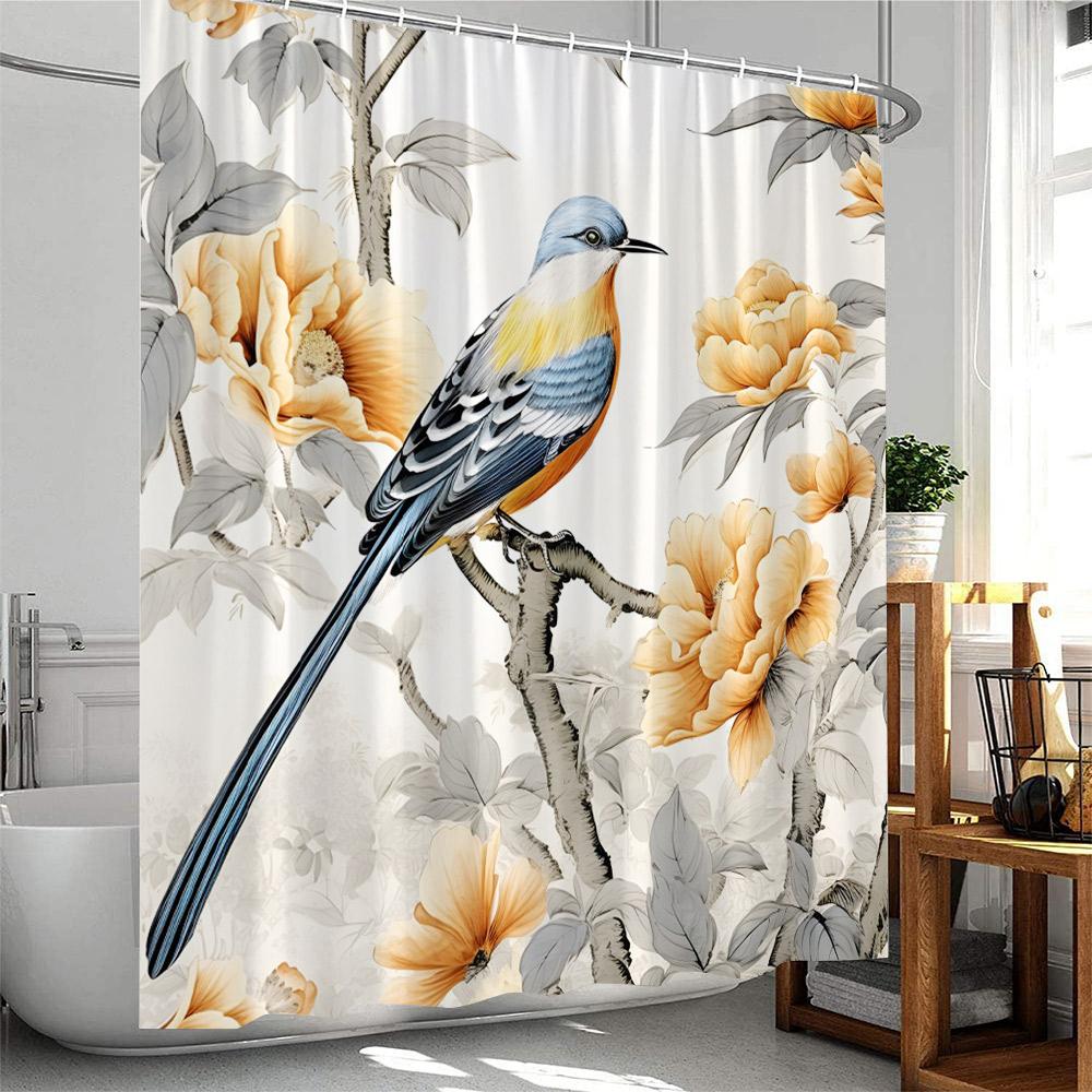 Birds Shower Curtain Elegant Home Decor For Bathroom Flowers Blossom Branched Floral Pink Polyester Bathtub Curtain With Hooks