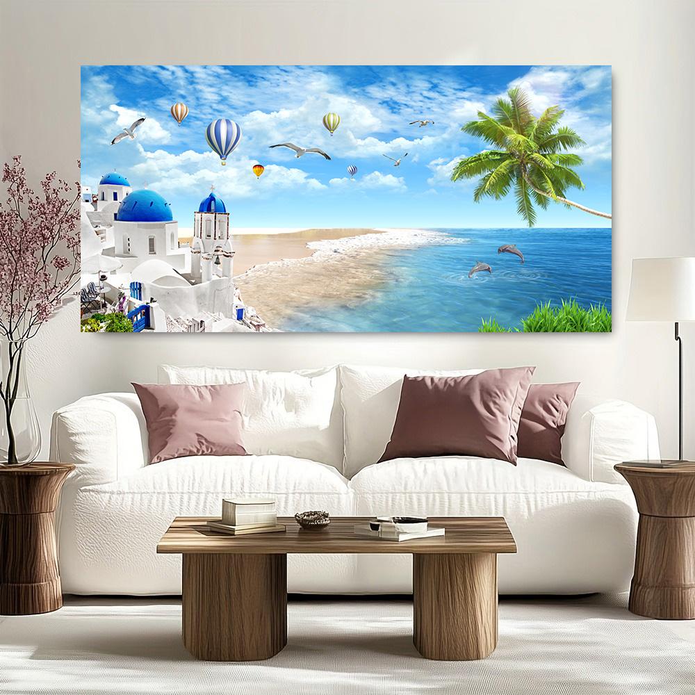 Nordische Blaue Meereslandschaft Santorini Leinwandbild Wandkunst Landschaft aus Blauem Meer und Himmel Poster und Drucke für Wohnzimmer Zuhause