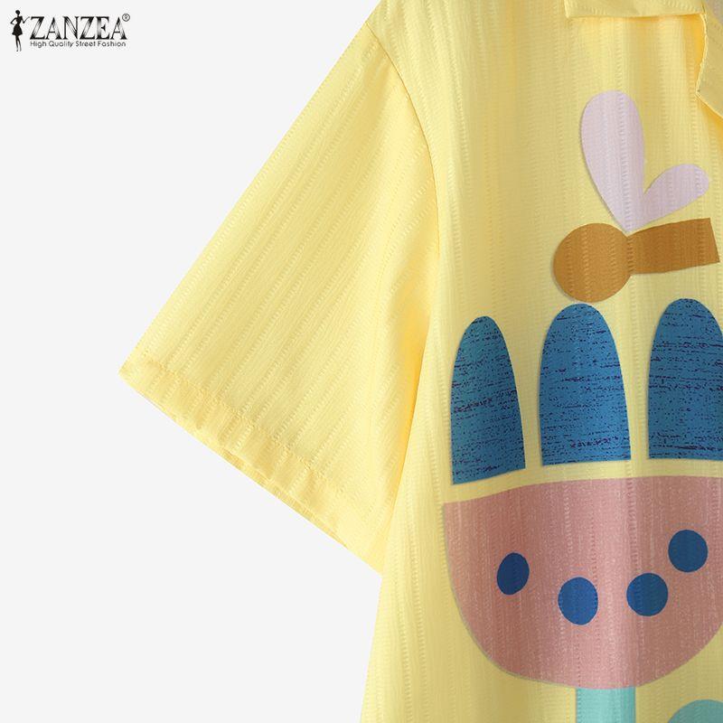 ZANZEA Women Casual Turn Down Collar Short Sleeve Loose Print Blouse