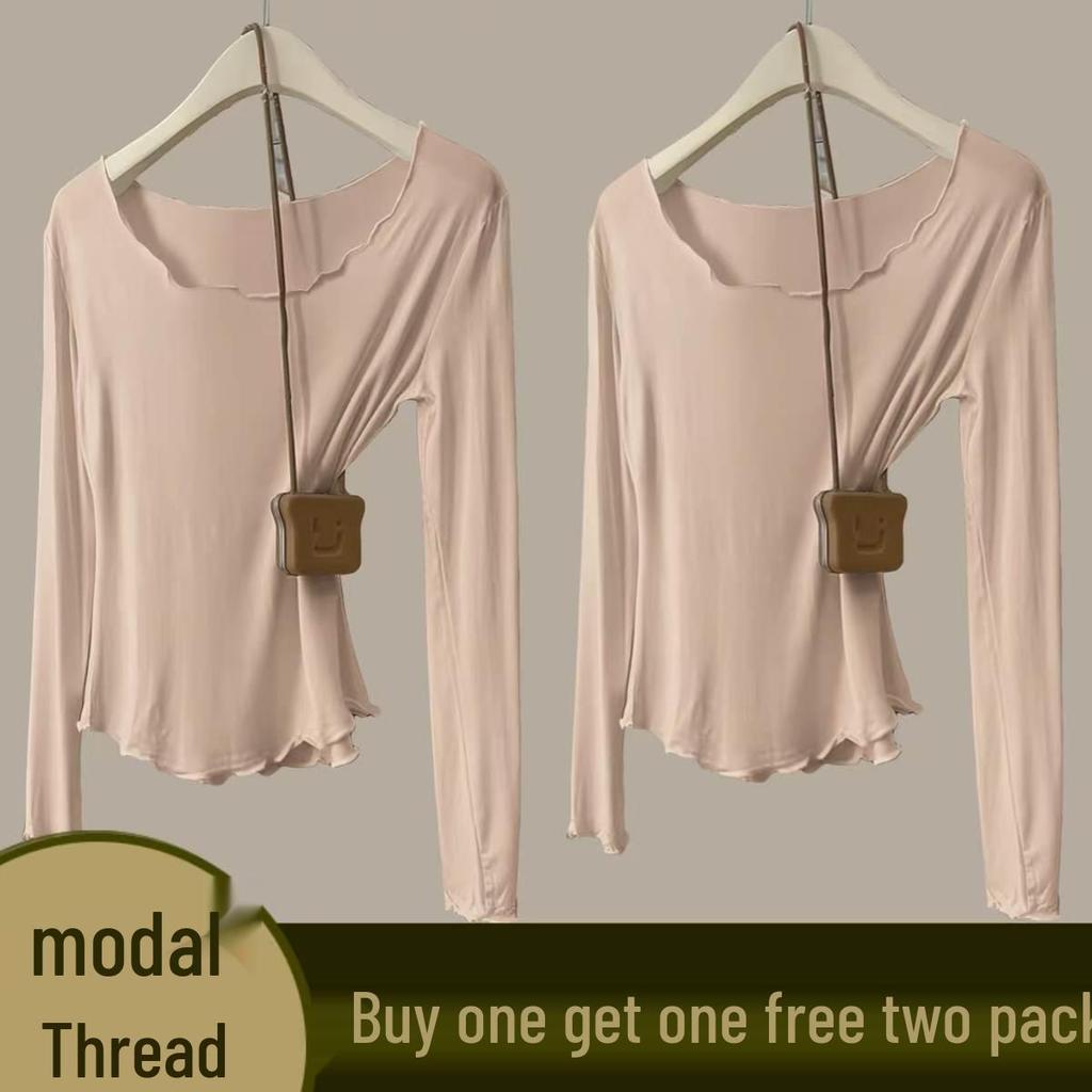 Women's Autumn Modal Ribbed Top: Round Neck, Long Sleeve, Rolled Hem, Base Layer T-Shirt