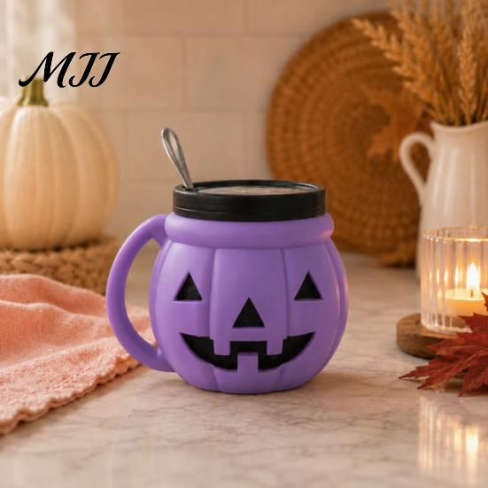 Cute Pumpkin Shape Organizer Halloween Ice Cream Cup with Spoon, Keeps Hands Warm Dessert 3D Printed Decor Cup, PLA Creative Sleeve for Home