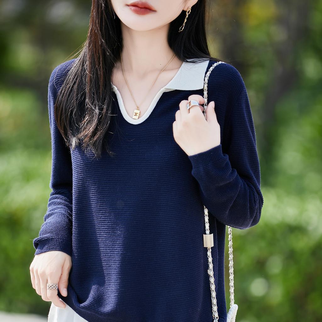 Spring and Autumn New Lapel Knitted Sweater Long-sleeved Women's Two-color Collar Loose Pullover Base Layer Top Sweater