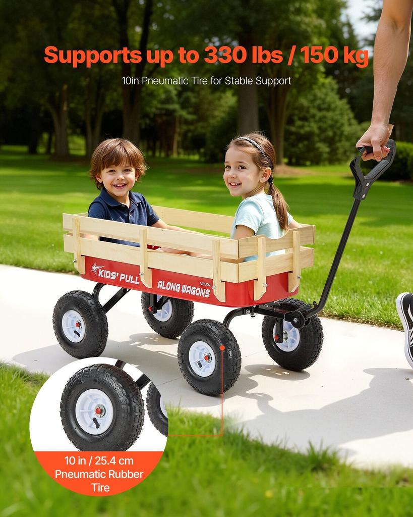 Ziehwagen für Kinder, 101 cm Kleinkind-Wagen mit Holzpaneelen & Griff, Belastbar bis 150 kg, Geländegängiger Nutzanhänger Geburtstaggeschenk für