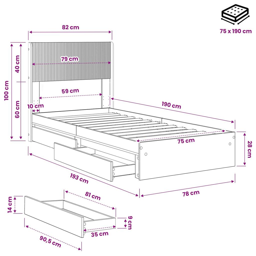 Bed Frame with Storage Space and Headboard Sonoma Oak 75 x 190 cm