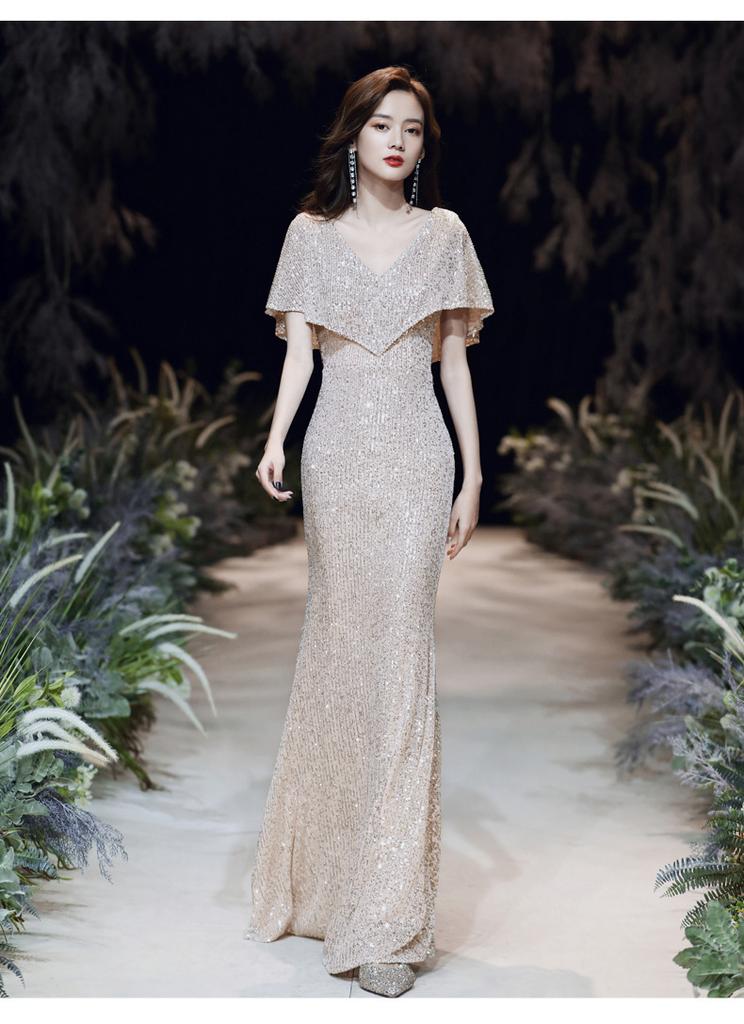 Champagne Banquet Evening Dress Sequins 1011 New Summer Temperament Long Fishtail Dress Annual Meeting Hosting Dress
