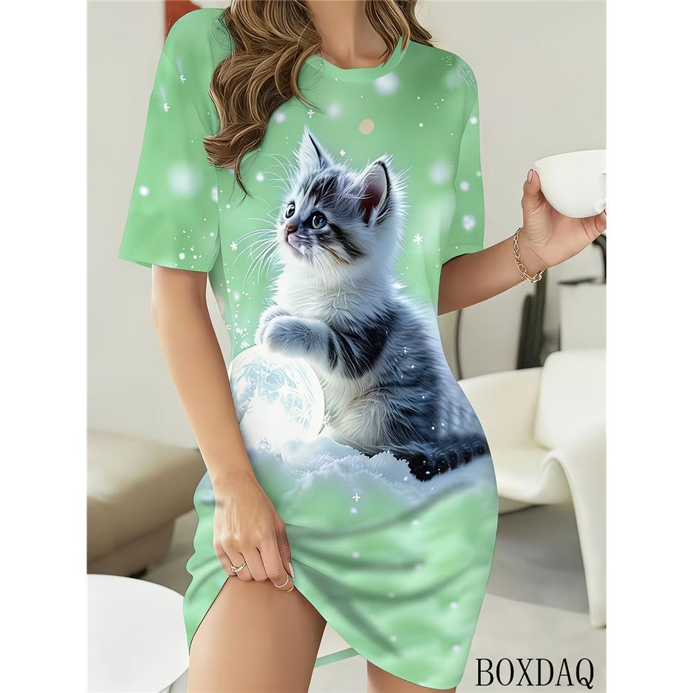 Hand-painted Crown Letter Pattern Round Neck Mid-length Women's Nightgown