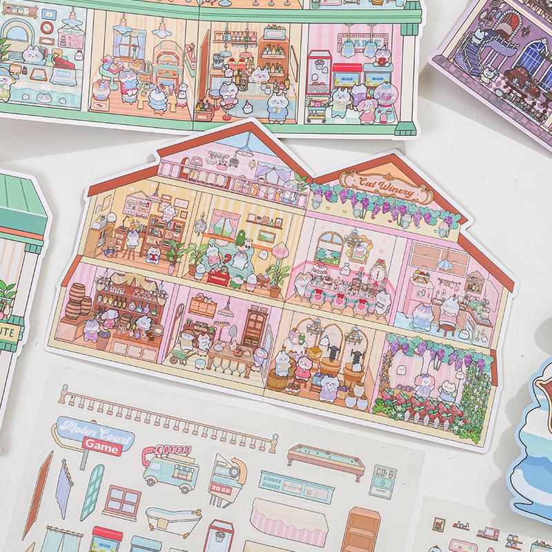 Miniatuur Dierentuin 3D Landschapstickers voor Kinderdagboeken - Wild Sterrenlantaarns & Gezellige Hut Thema