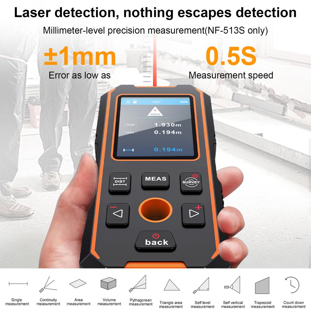 NF-513S Wall Scanner with Distance Meter and Digital Level, Rechargeable Stud Finder, Wood, Metal & Live Wires Modes