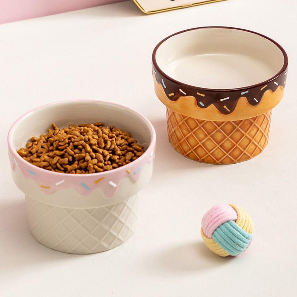 Large Diameter Cat Food Bowl Ice Cream Shape Elevated Cat Bowl Ceramic Cat Bowl  For Cats and Dogs