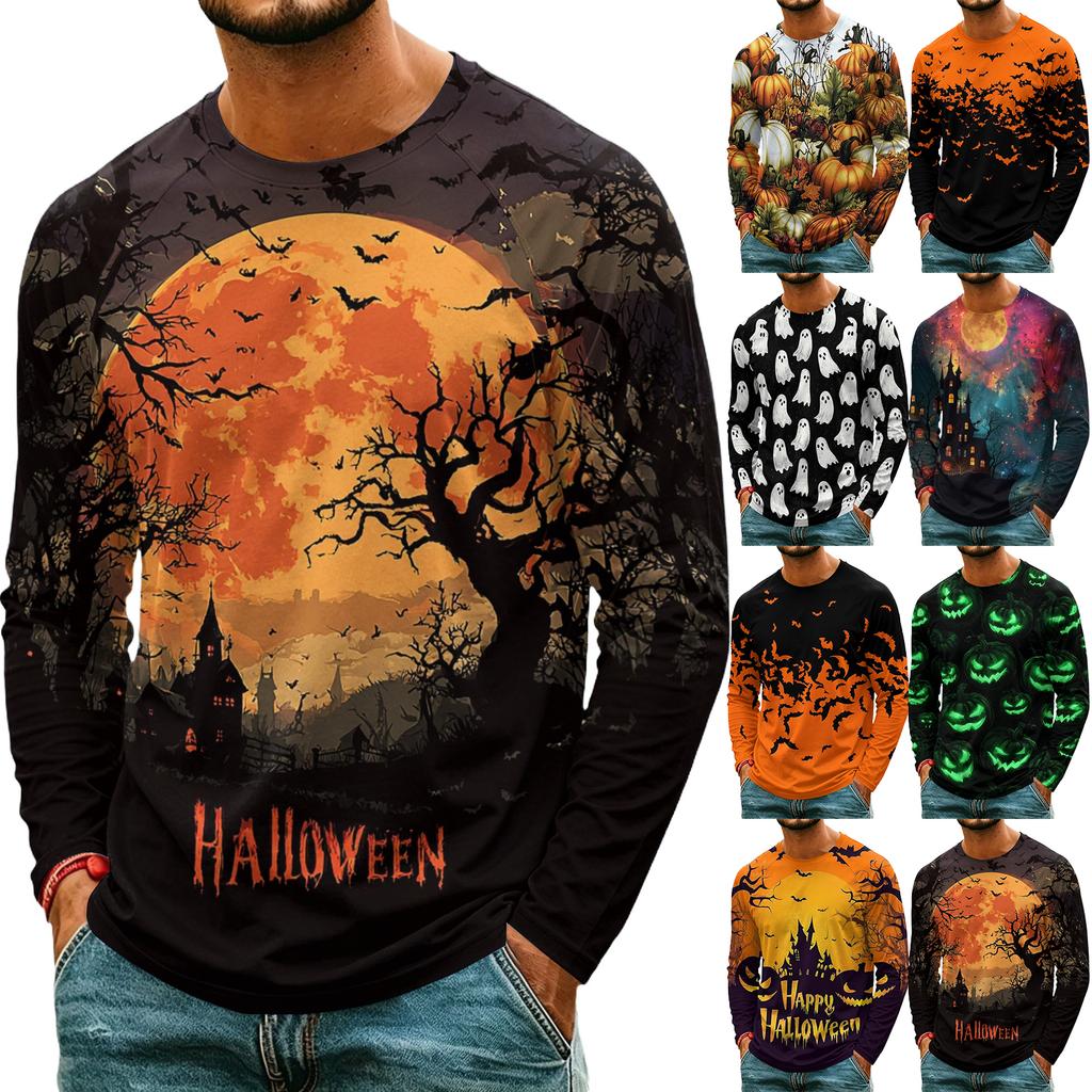 Men's Casual Halloween Print Neck Long Sleeve T-Shirt Lightweight for Daily Wear