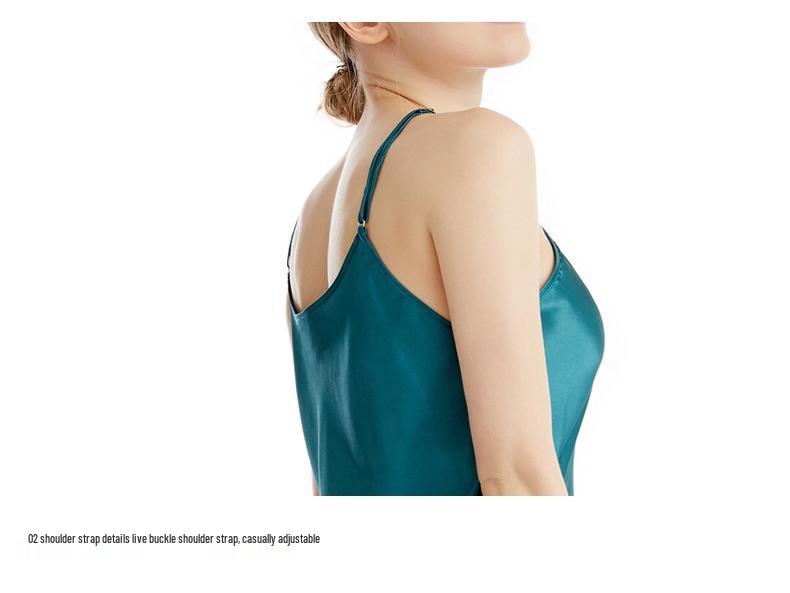 Elegante Zijden Nachtjapon met Spaghettibandjes, V-hals, Slim Fit, Effen Kleur, Zomer