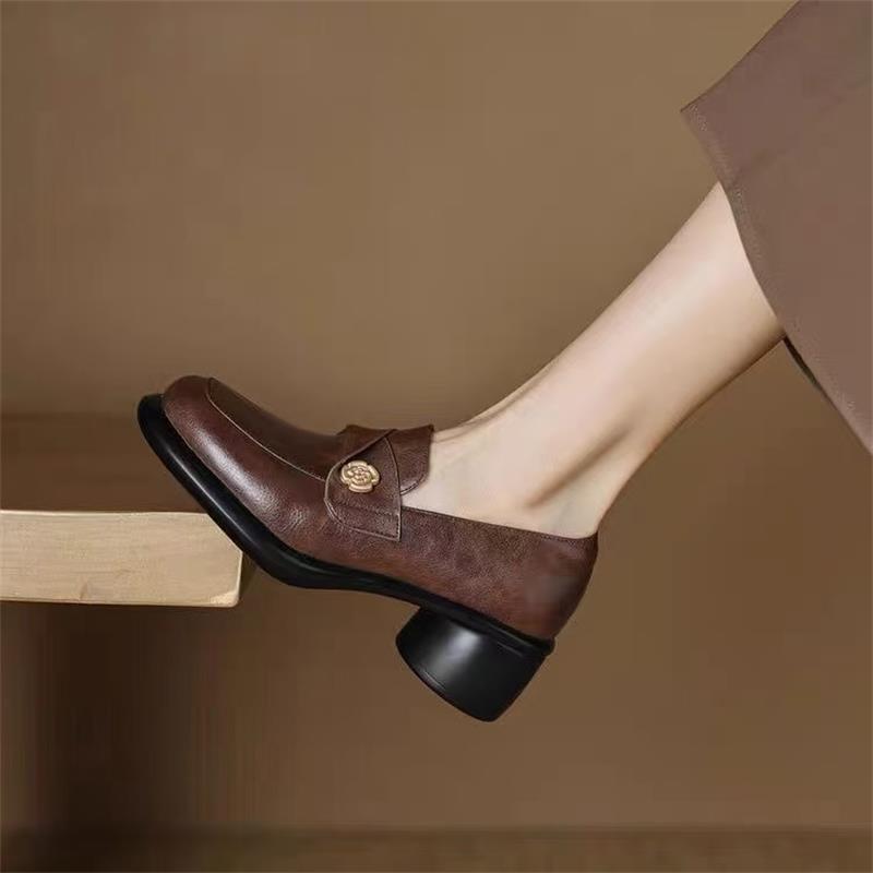 2025 spring and autumn British style soft leather high heel platform loafers women's single shoes thick heel retro brown small leather shoes