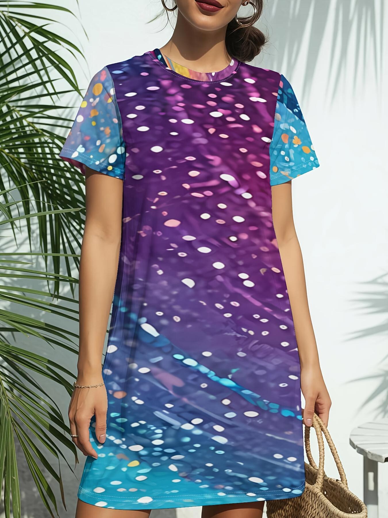 New Women S Round Neck Short Sleeve T-Shirt Dress in Pink And Purple Watercolor. Featuring American Trendy Digital Printing. Perfect for Casual Spring 2XL дубильная кора