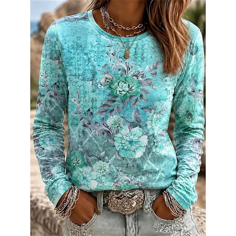 2026 Herbst Neues Damen Langarm Rundhals Lässiges T-Shirt mit Buntem Blumendruck Pflanzenelementen Outdoor Chic Top