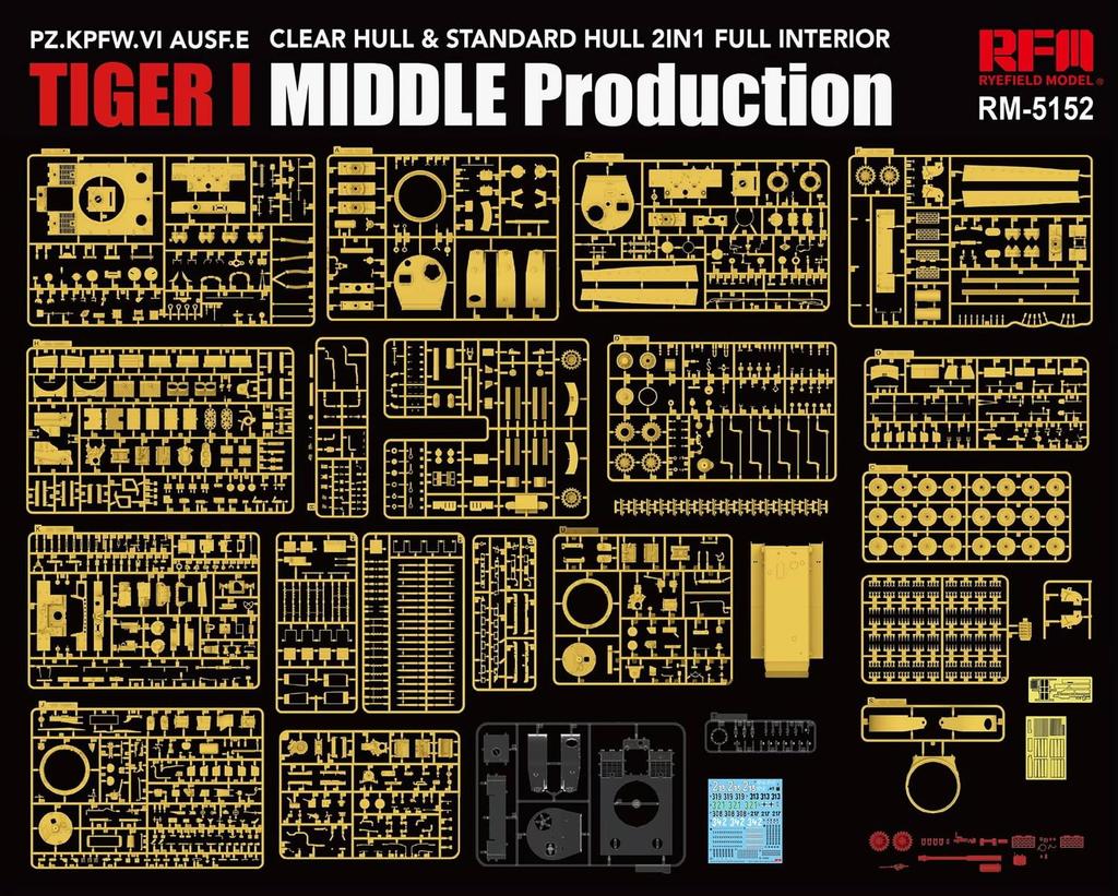 Ryefield Models German Tiger I Heavy Tank Full Interior Hull Workable Tracks Plastic Model Kit RFM5152 1/35 Mid-Production Clear/Standard Parts,