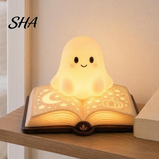 Safe Bedside Lamp for Kids Magic Book Ghost Night Light, Resin Tabletop Warm Glow with Moon Durable Small Table Star Relief, Cute Sleeping Light