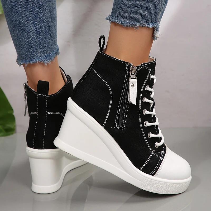 Mix Color White Black High Top Wedge Canvas Shoes Woman Autumn  Lace Up Platform Sneakers for Women Classic Vulcanized Shoes
